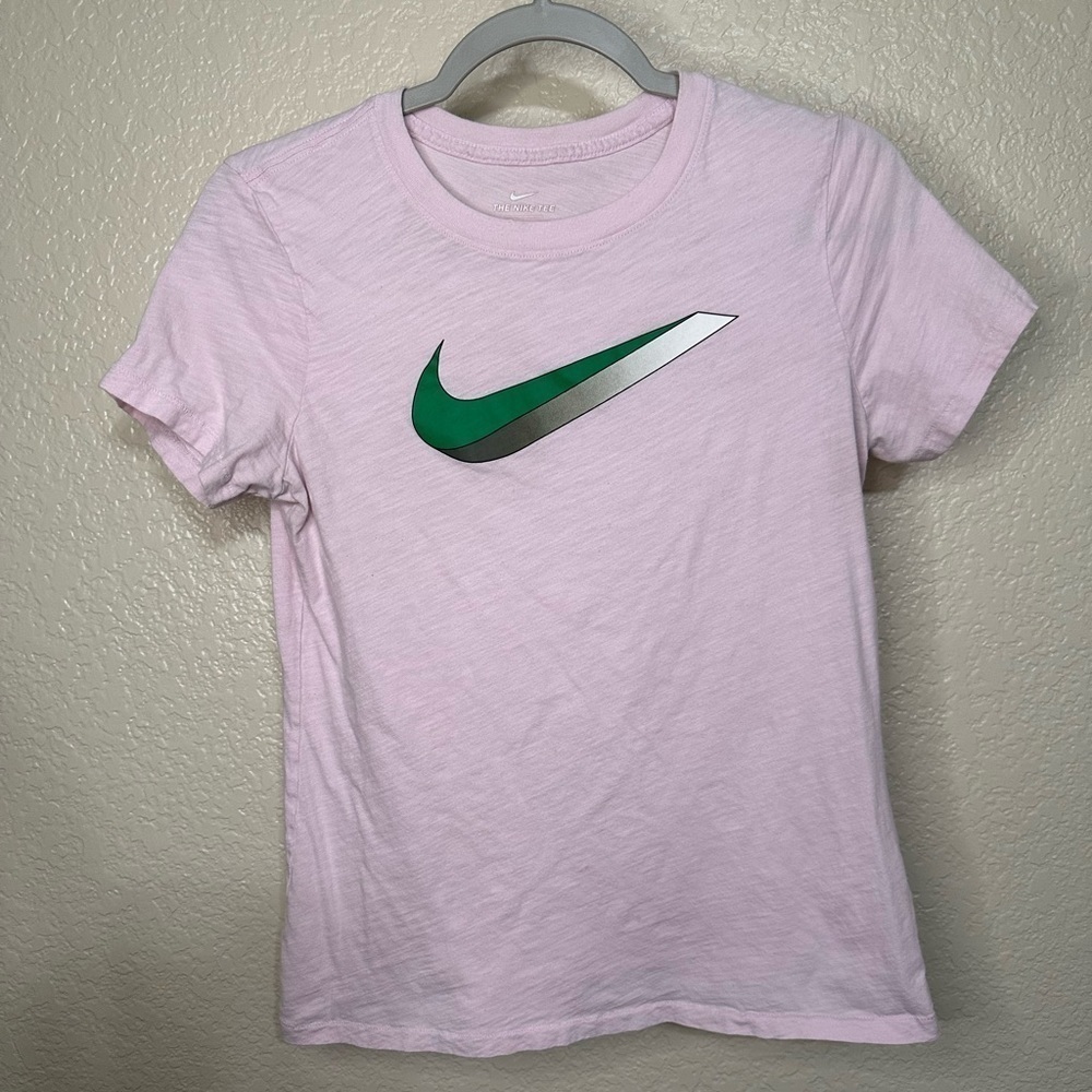 Nike girls logo T-shirt size small pink, green and grey logo short sleeve